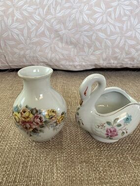 Floral Porcelain Vase and Swan Planter Set